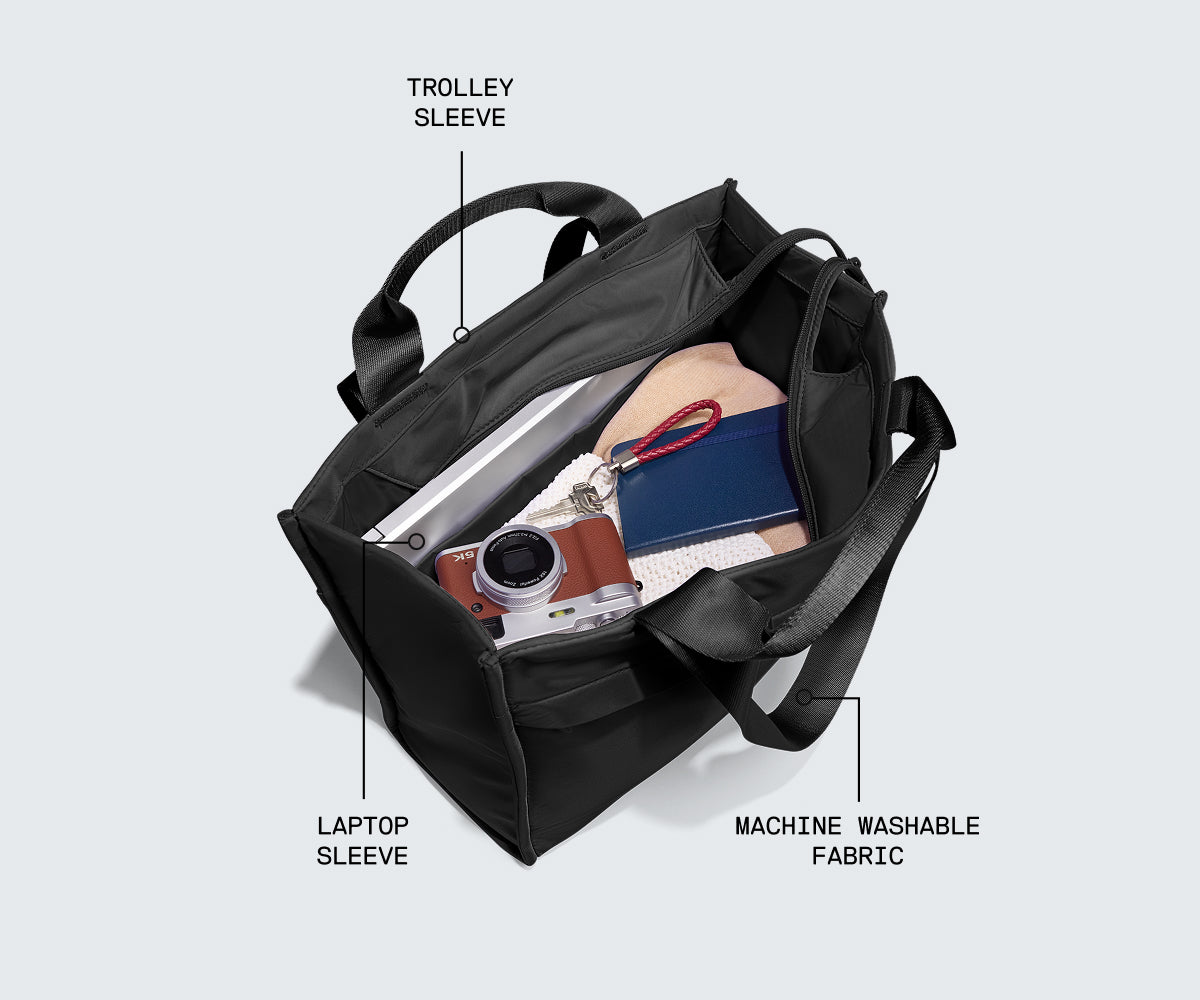 Black tote bag shown open with labeled callouts pointing to the trolley sleeve, laptop sleeve, and machine washable fabric, with travel items inside on a light gray background.