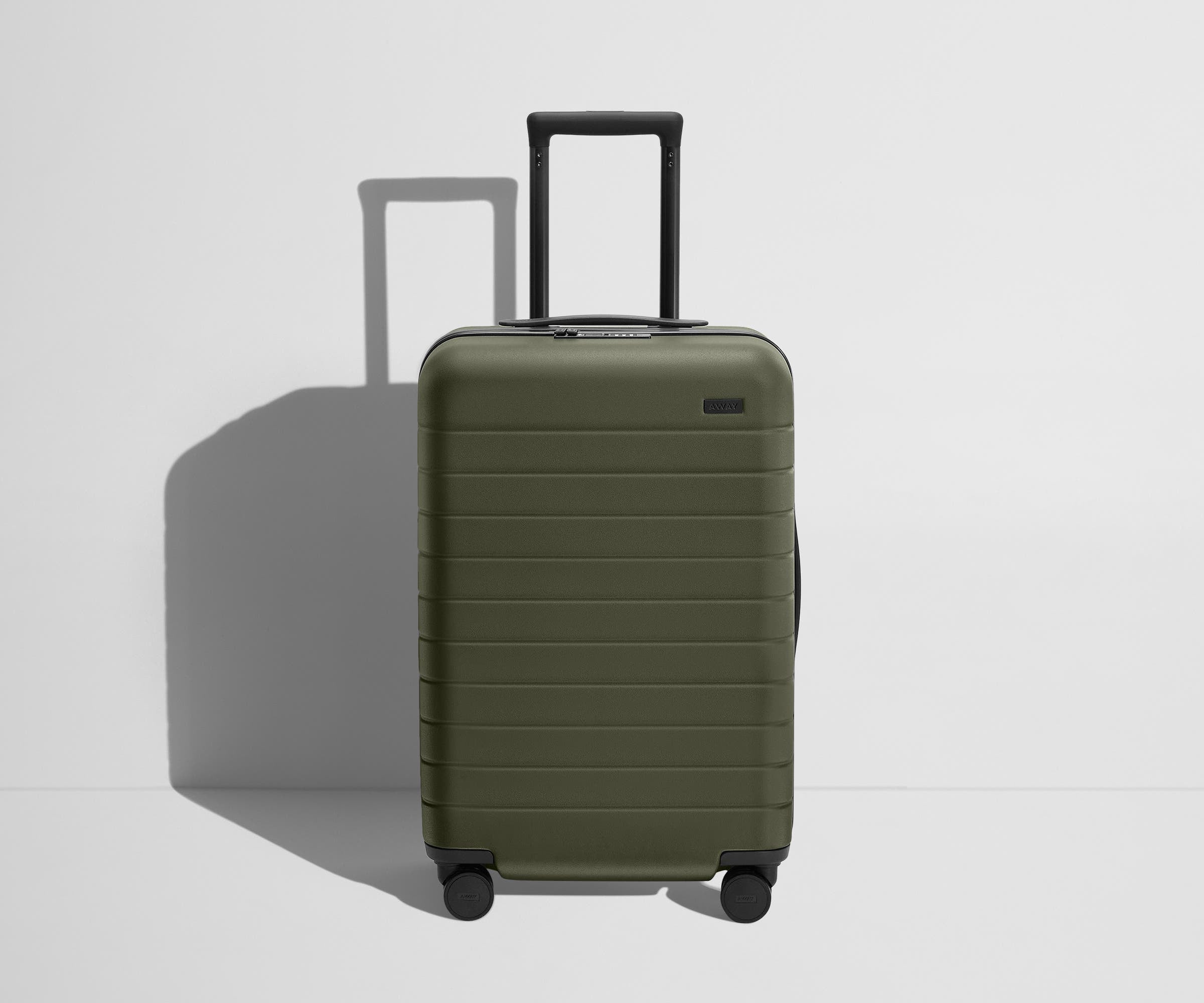 Angled product view of The Bigger Carry-On Flex suitcase in Olive Green