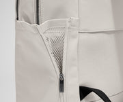 Close up view of the nylon material and exterior water bottle pocket