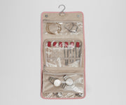 Unfolded Hanging Jewelry Oragnizer packed with jewelry and shown with the hook for easy hanging