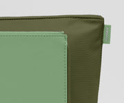 Detailed view of the leather and nylon pouch material