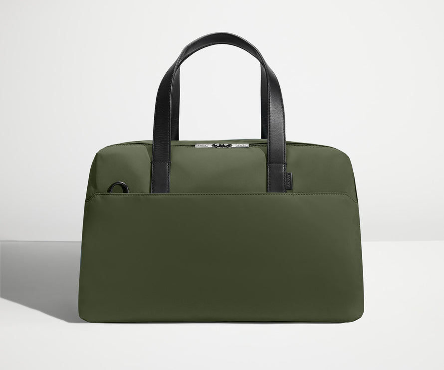 Front view of The Overnight Bag with leather straps up