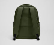 The Commuter Backpack back view showing padded shoulder straps and trolley sleeve feature