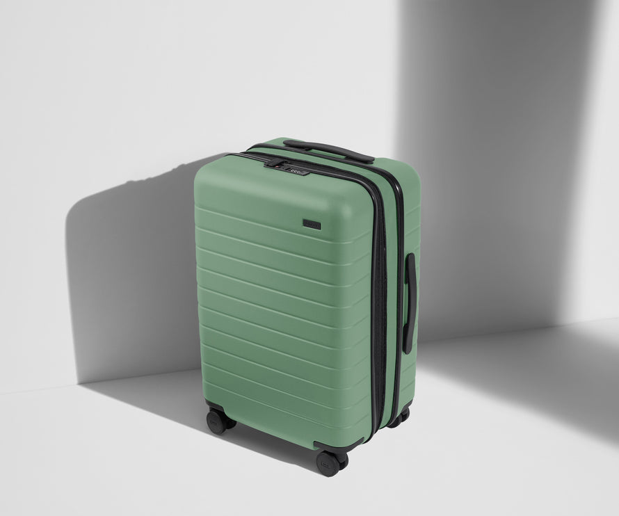 Angled product view of The Bigger Carry-On Flex suitcase in Sea Green