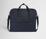 Back product view of the Garment Bag in Navy Blue with adjustable, removable shoulder strap attached