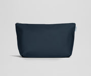Navy blue pouch with a zipper on a light gray background