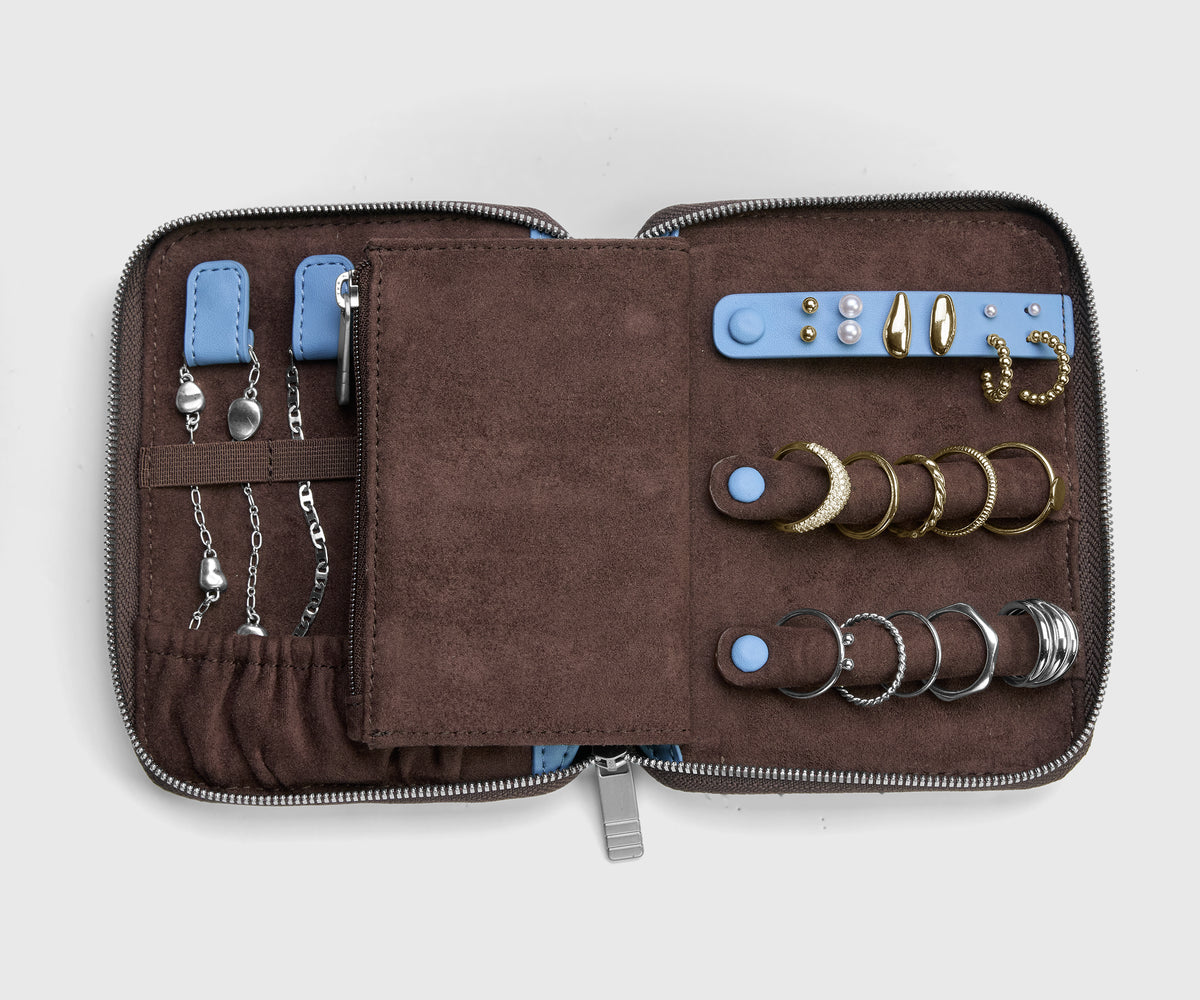 Slim Jewelry Organizer in Chocolate Brown/Powder Blue