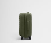 Side product view of The Softside Bigger Carry-On suitcase in Olive Green shown fully expanded