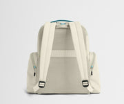 Backpack with beige straps on a light gray background