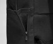 Close up view of the nylon material and exterior water bottle pocket